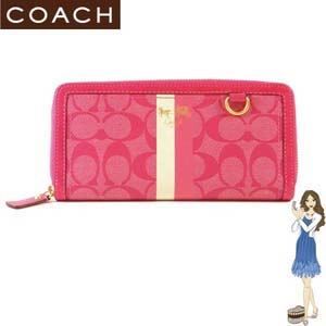 Coach(コーチ) アコーディオン ジップ アラウンド 長財布 ヘリテージ ストライプ ピンク 42380